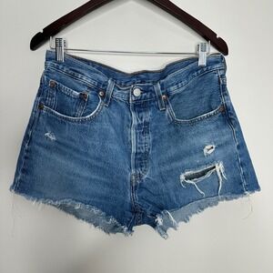 Levi Strauss Women's 501 Cut Off Denim Shorts Med Blue Distressed Button Fly W30